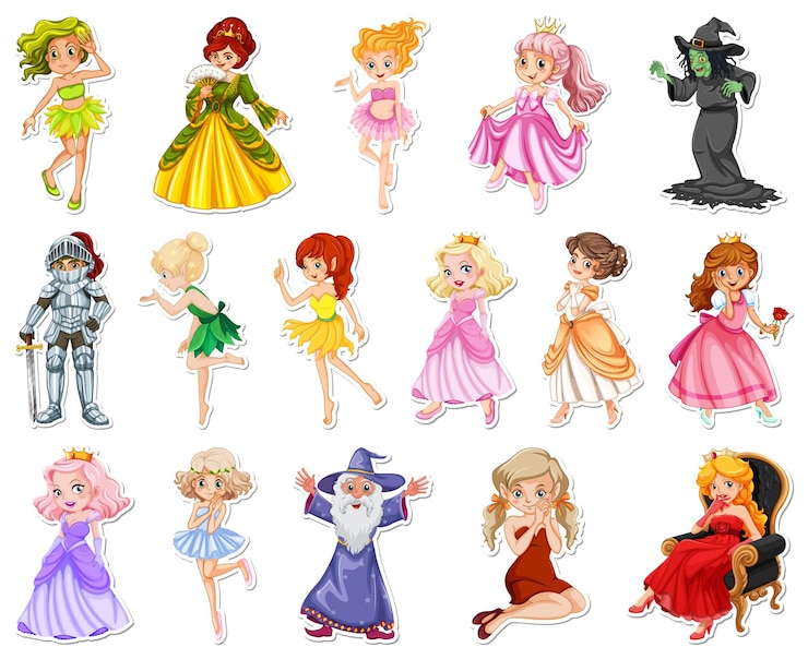 Vecteur gratuit ensemble d'autocollants avec différents personnages de dessins animés de contes de fées