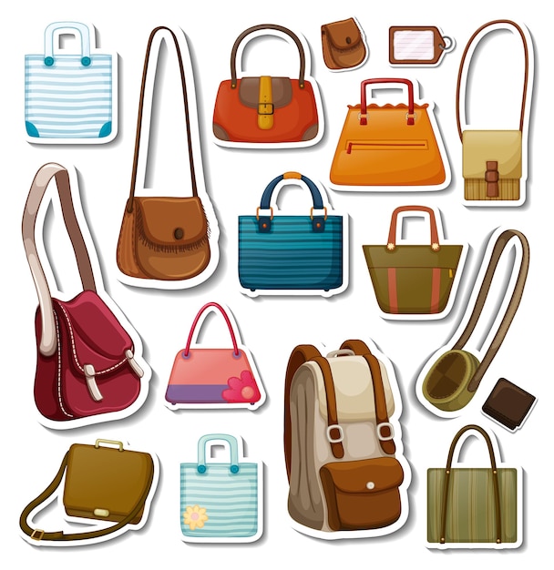 Vecteur gratuit ensemble d'autocollants de différents sacs et accessoires