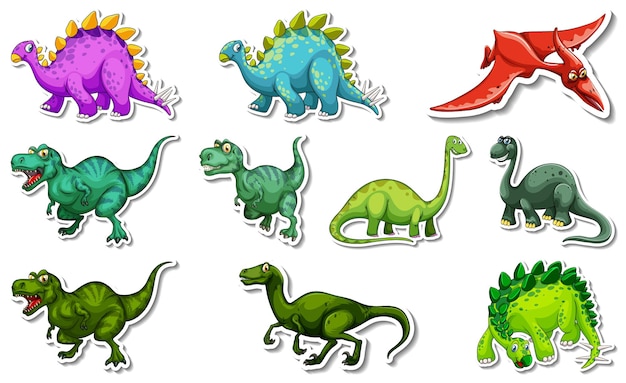 Vecteur gratuit ensemble d'autocollants avec différents types de personnages de dessins animés de dinosaures