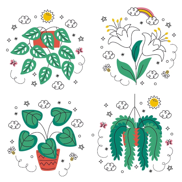 Ensemble D'autocollants De Fleurs Et De Plantes Dessinés à La Main Doodle