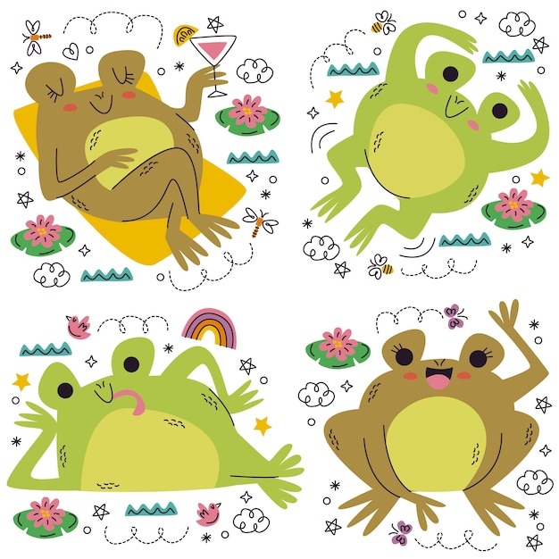 Vecteur gratuit ensemble d'autocollants de grenouille doodle dessinés à la main