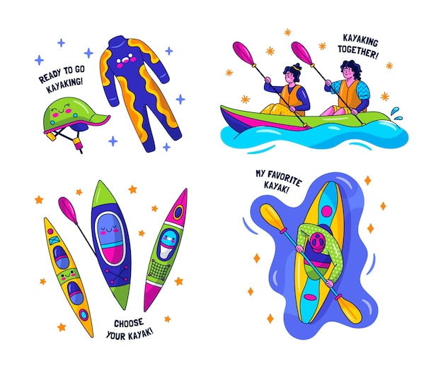 Vecteur gratuit ensemble d'autocollants de kayak kawaii