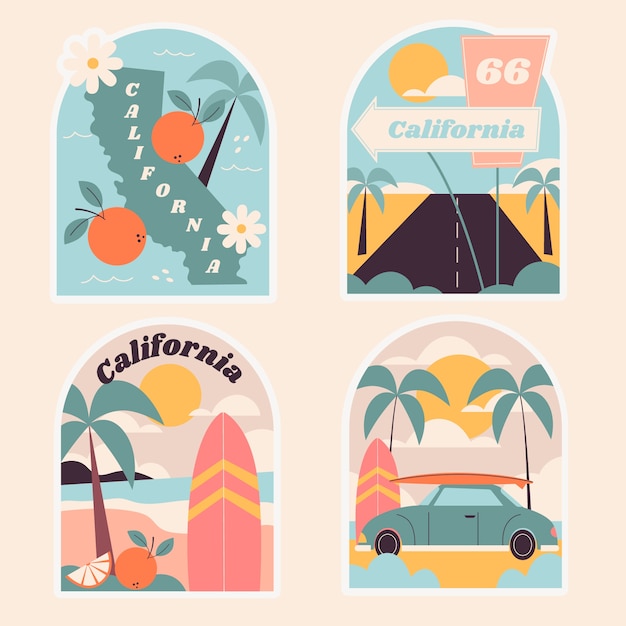 Vecteur gratuit ensemble d'autocollants de vacances d'été en californie design plat