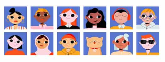 Vecteur gratuit ensemble d'avatars de personnes et d'animaux de compagnie icônes rondes carrées divers hommes femmes filles garçons portraits de chats personnages masculins et féminins d'apparence et d'ethnie différentes illustration vectorielle d'art en ligne
