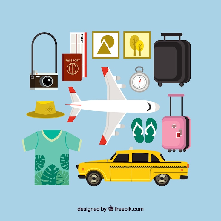 Vecteur gratuit ensemble d&#39;avion et autres éléments de voyage en conception plate