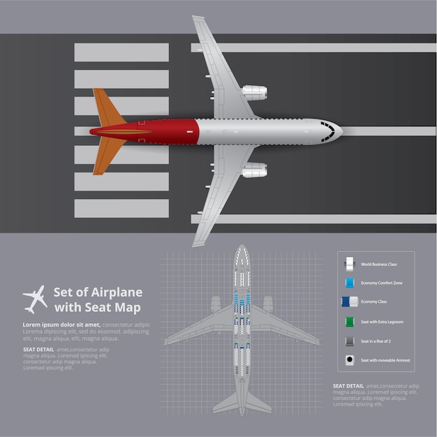 Vecteur gratuit ensemble d'avion avec modèle de carte de siège