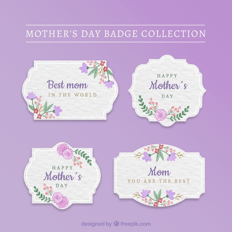 Vecteur gratuit ensemble de badges de fête des mères avec des fleurs dans un style aquarelle