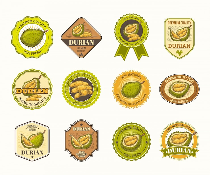 Vecteur gratuit ensemble de badges vectoriels en noir et blanc, autocollants, panneaux de haute qualité, avec du fruit durian