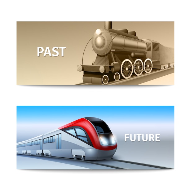 Ensemble de bannière horizontale de locomotives de train modernes et rétro