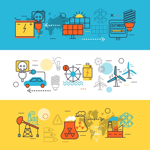 Vecteur gratuit ensemble de bannière de ligne de sources d'énergie