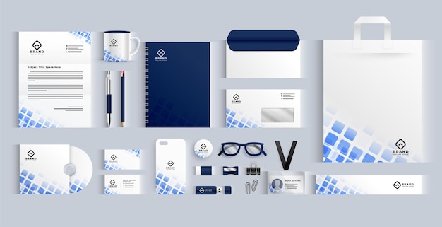 ensemble de bannière de papeterie d'entreprise blanche et bleue pour le vecteur de marque