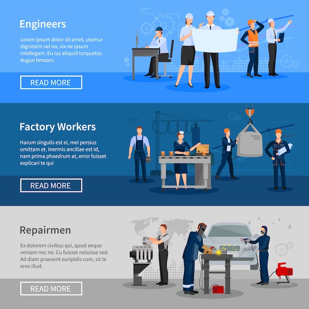 Vecteur gratuit ensemble de bannière de travailleurs d'usine