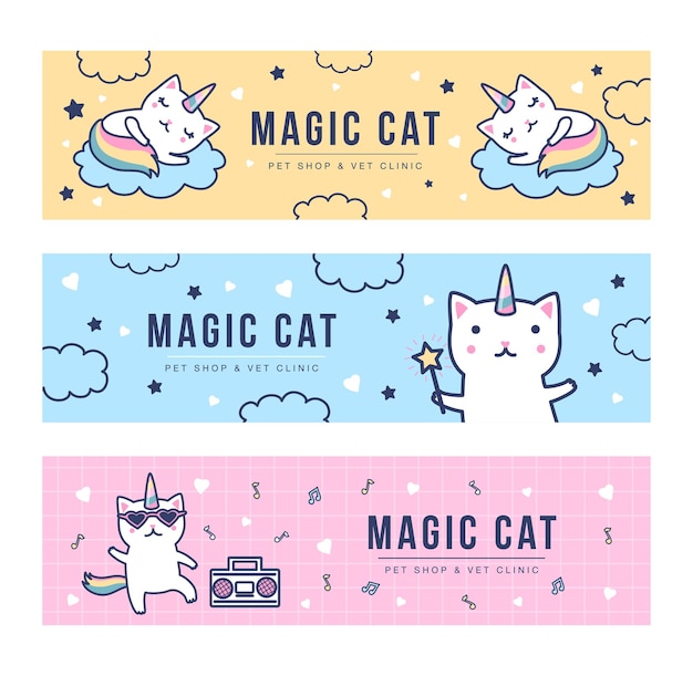 Vecteur gratuit ensemble de bannières de chats licorne magique