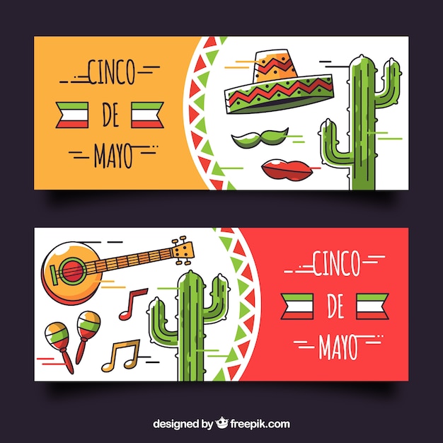 Ensemble De Bannières Cinco De Mayo Avec Des éléments Mexicains Traditionnels