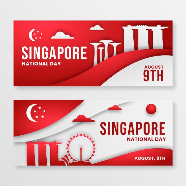 Vecteur gratuit ensemble de bannières de la fête nationale de singapour de style papier