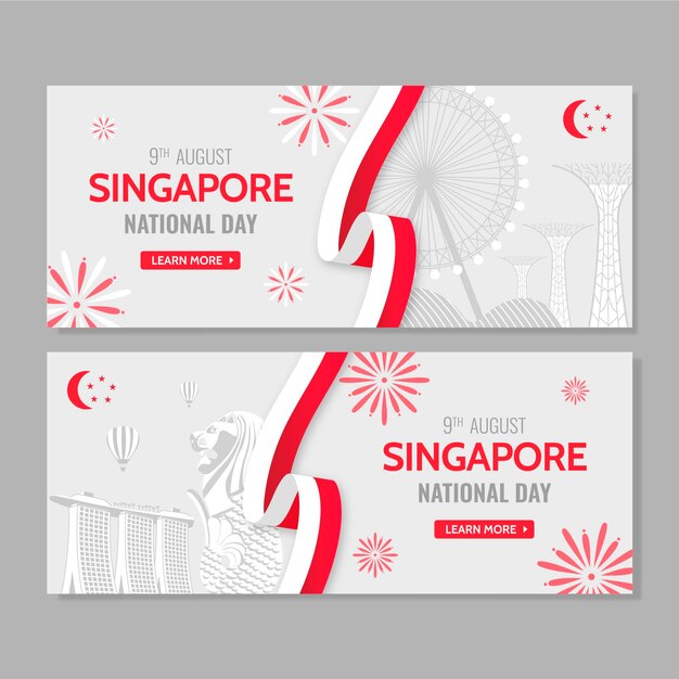 Vecteur gratuit ensemble de bannières de la fête nationale de singapour