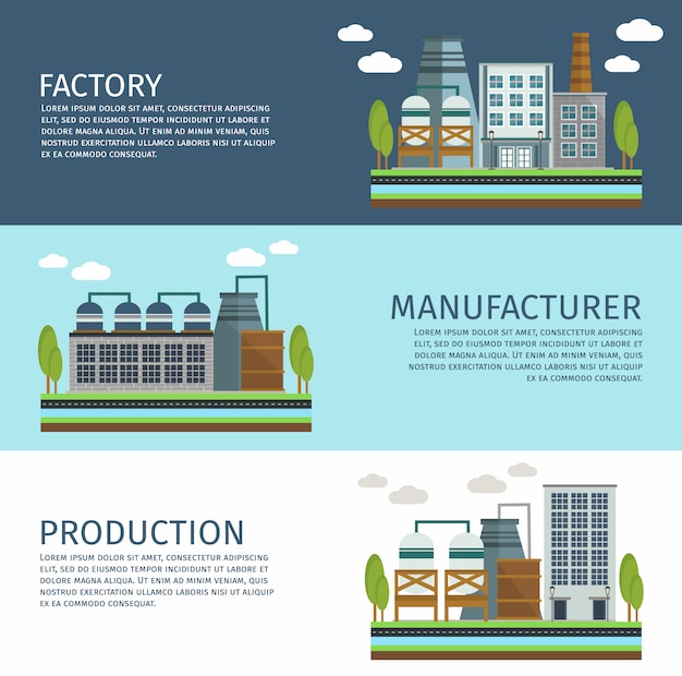 Vecteur gratuit ensemble de bannières horizontales de bâtiments industriels