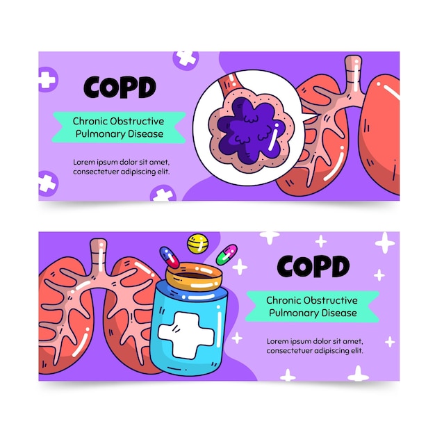 Vecteur gratuit ensemble de bannières horizontales copd dessinés à la main