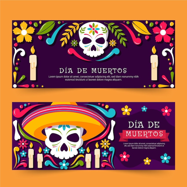 Ensemble De Bannières Horizontales Dia De Muertos Dessinés à La Main