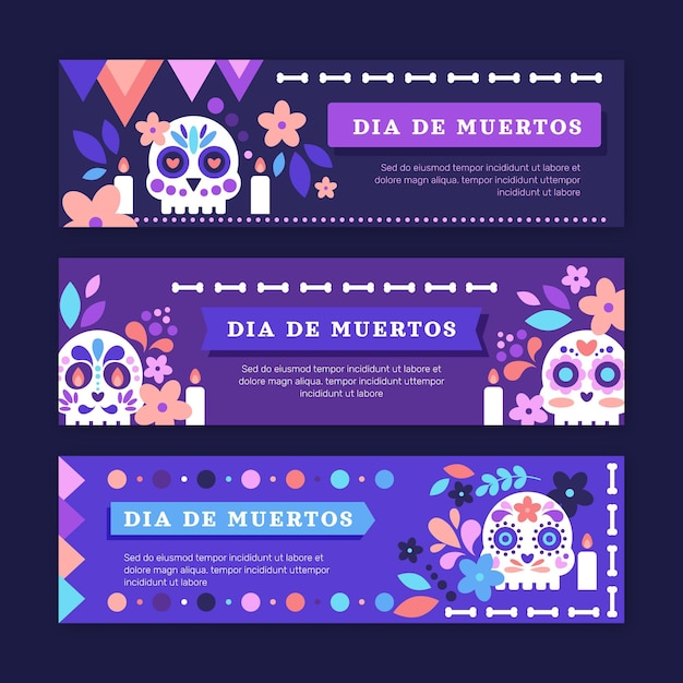 Vecteur gratuit ensemble de bannières horizontales dia de muertos plat