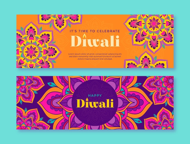 Vecteur gratuit ensemble de bannières horizontales du festival diwali plat