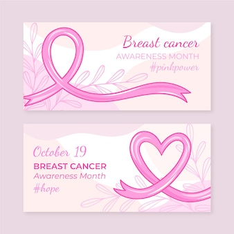 Ensemble de bannières horizontales du mois de sensibilisation au cancer du sein dessinés à la main