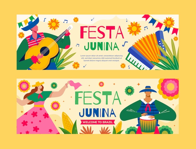 Vecteur gratuit ensemble de bannières horizontales festas juninas dessinées à la main