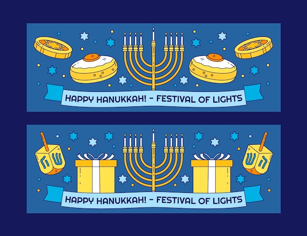 Vecteur gratuit ensemble de bannières horizontales de hanukkah dessinés à la main