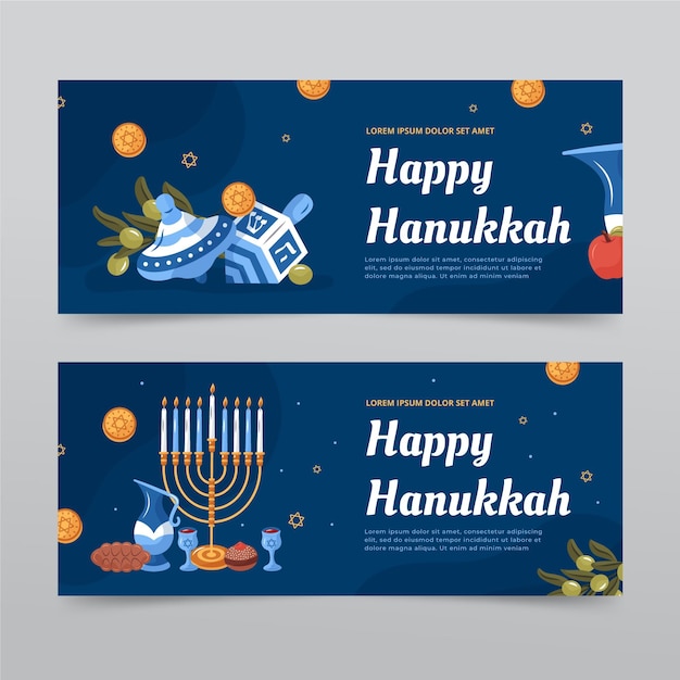 Ensemble De Bannières Horizontales De Hanukkah Plat Dessinés à La Main