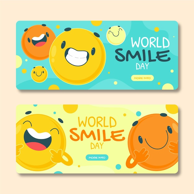 Vecteur gratuit ensemble de bannières horizontales de jour du sourire du monde plat dessinés à la main