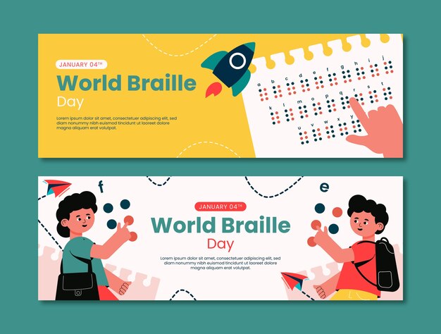 Vecteur gratuit ensemble de bannières horizontales de la journée mondiale du braille plat