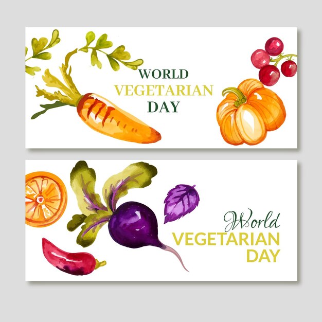 Ensemble de bannières horizontales de la journée mondiale végétarienne dessinée à la main
