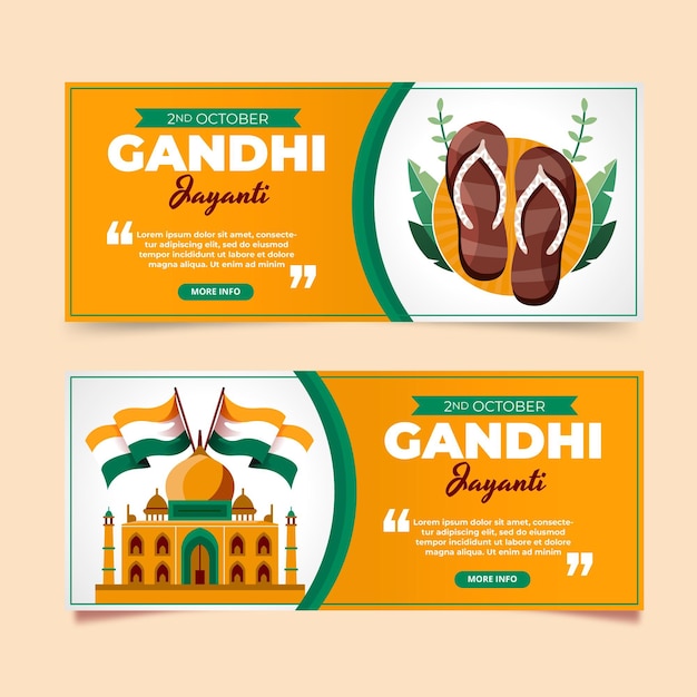 Vecteur gratuit ensemble de bannières horizontales plat gandhi jayanti