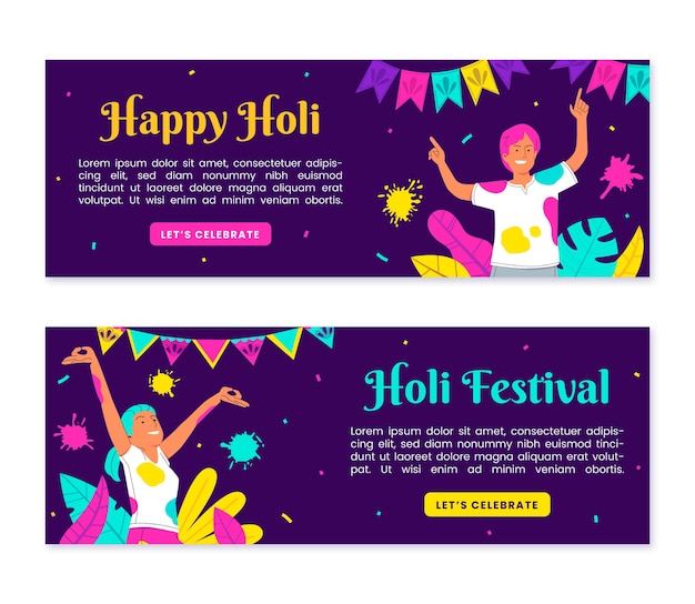 Vecteur gratuit ensemble de bannières horizontales plat holi