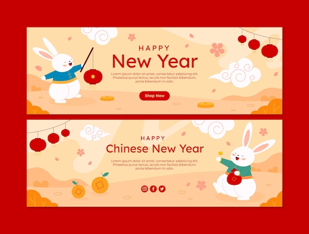 Vecteur gratuit ensemble de bannières horizontales plat nouvel an chinois