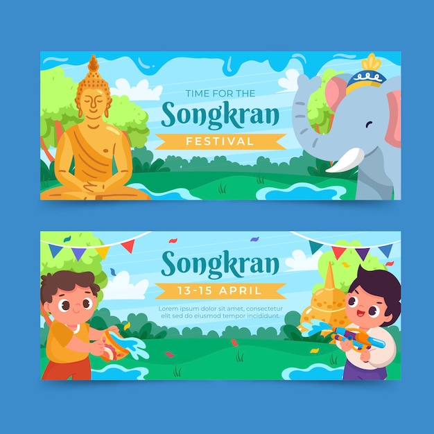 Vecteur gratuit ensemble de bannières horizontales plat songkran