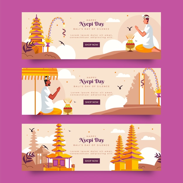 Vecteur gratuit ensemble de bannières horizontales plates nyepi