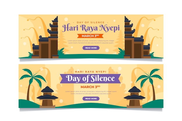 Vecteur gratuit ensemble de bannières horizontales plates nyepi