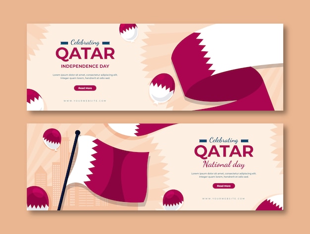 Vecteur gratuit ensemble de bannières horizontales plates pour la fête nationale du qatar