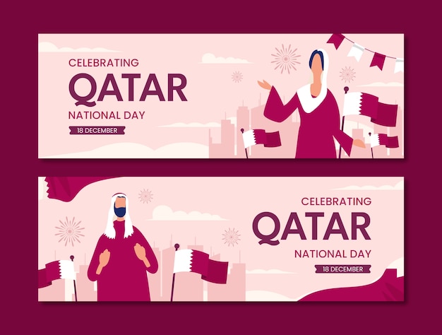 Vecteur gratuit ensemble de bannières horizontales plates pour la fête nationale du qatar