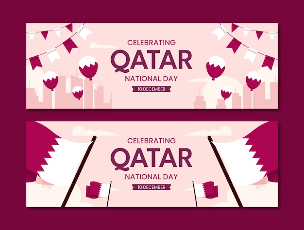 Vecteur gratuit ensemble de bannières horizontales plates pour la fête nationale du qatar