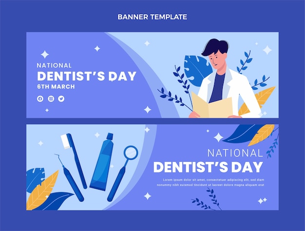 Vecteur gratuit ensemble de bannières horizontales plates pour la journée nationale du dentiste