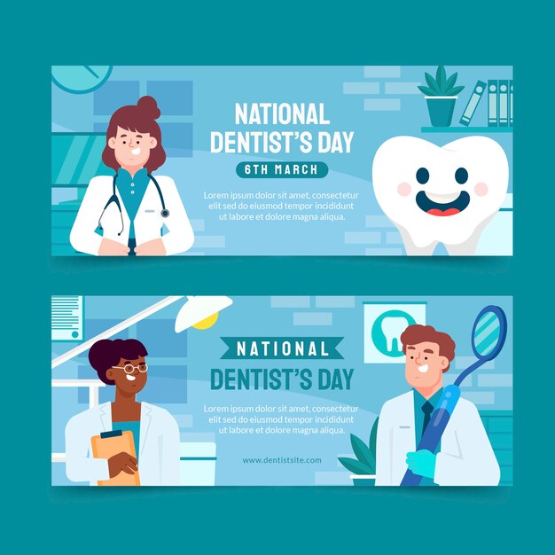 Ensemble de bannières horizontales plates pour la journée nationale du dentiste