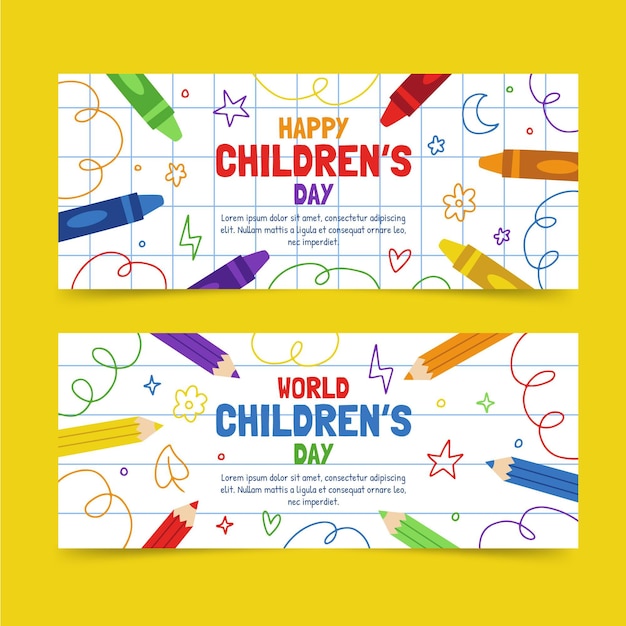 Vecteur gratuit ensemble de bannières horizontales pour la journée des enfants du monde plat dessinés à la main