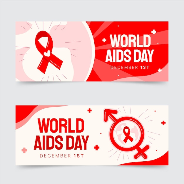 Vecteur gratuit ensemble de bannières horizontales pour la journée mondiale du sida dessinés à la main