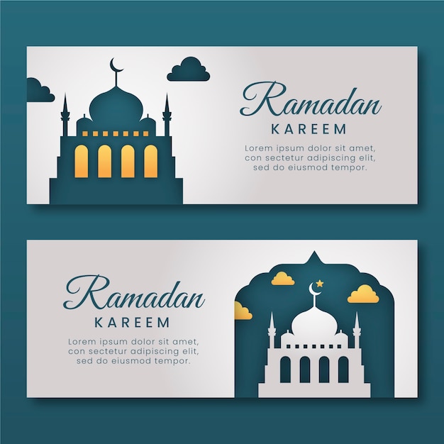 Vecteur gratuit ensemble de bannières horizontales ramadan style papier