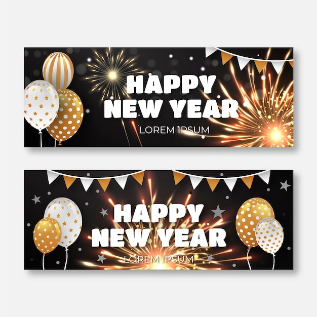 Vecteur gratuit ensemble de bannières horizontales réalistes du nouvel an