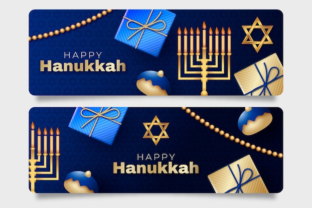 Vecteur gratuit ensemble de bannières horizontales réalistes de hanukkah