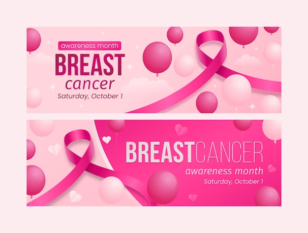 Vecteur gratuit ensemble de bannières horizontales réalistes pour le mois de sensibilisation au cancer du sein