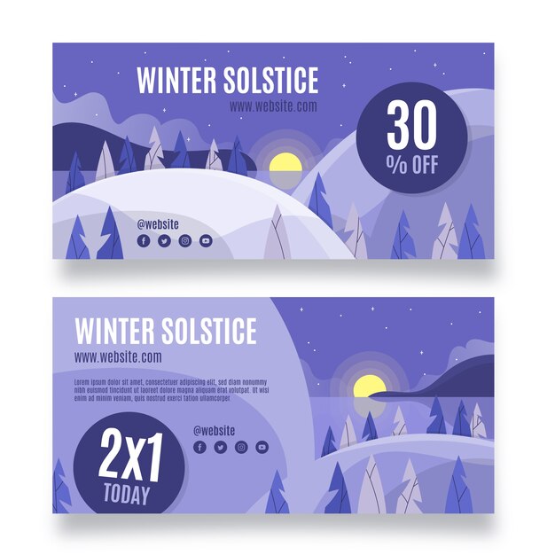 Ensemble de bannières horizontales de solstice d'hiver plat dessinés à la main